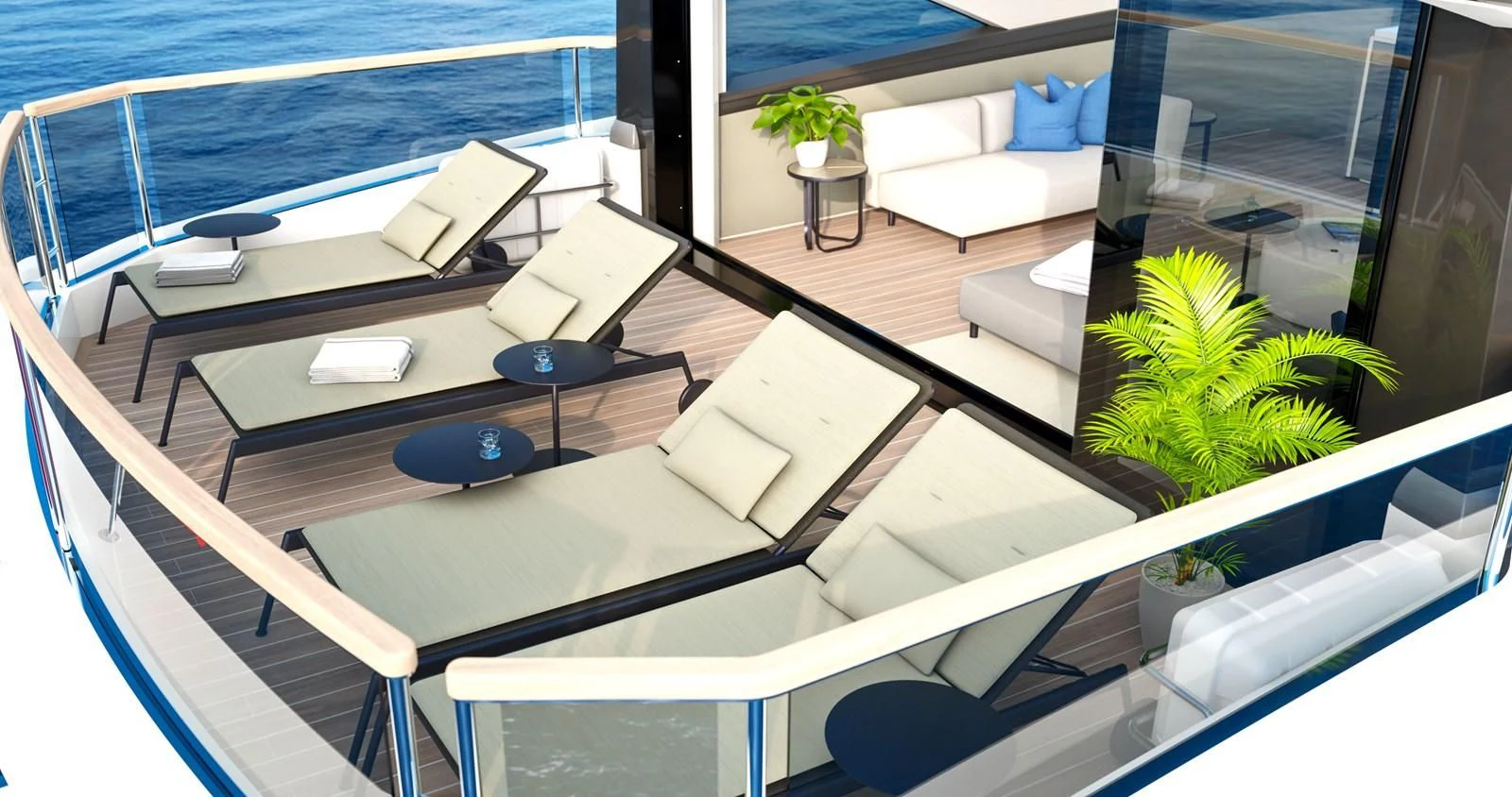 a room with a large white table and chairs and plants aboard WORTH THE WAIT Yacht for Sale