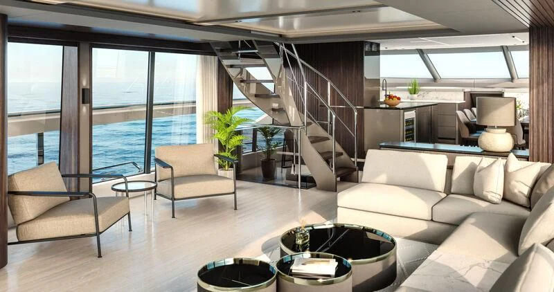 a living room with a large window aboard WORTH THE WAIT Yacht for Sale