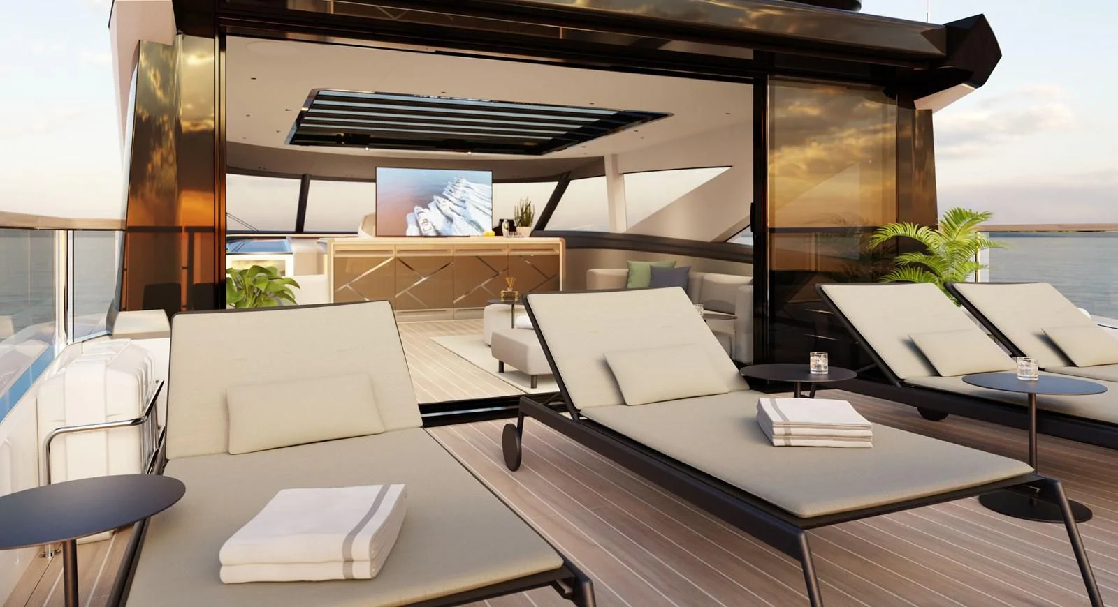 a room with tables and chairs aboard WORTH THE WAIT Yacht for Sale