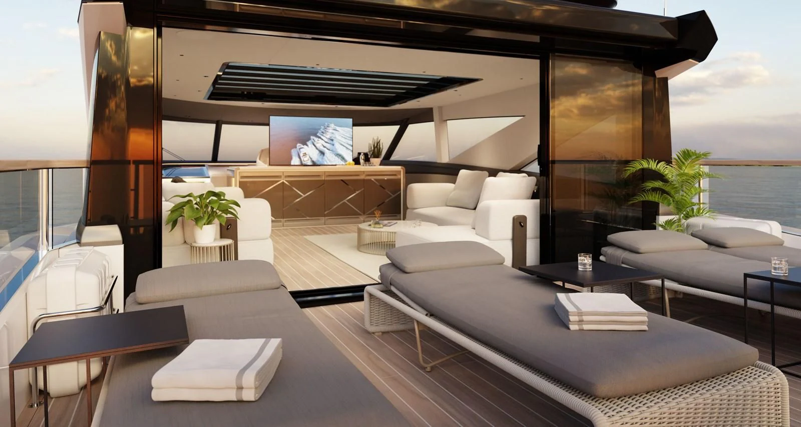 a room with a large white couch and a large window aboard WORTH THE WAIT Yacht for Sale