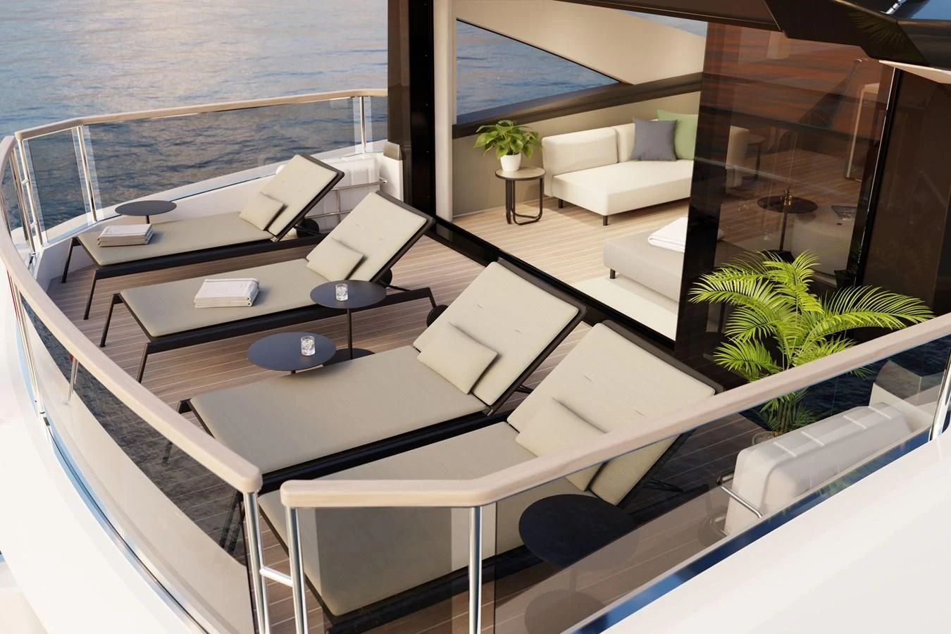 a room with a large balcony aboard WORTH THE WAIT Yacht for Sale