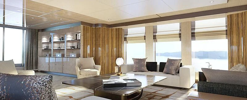 a living room with a large window aboard JUNO Yacht for Sale