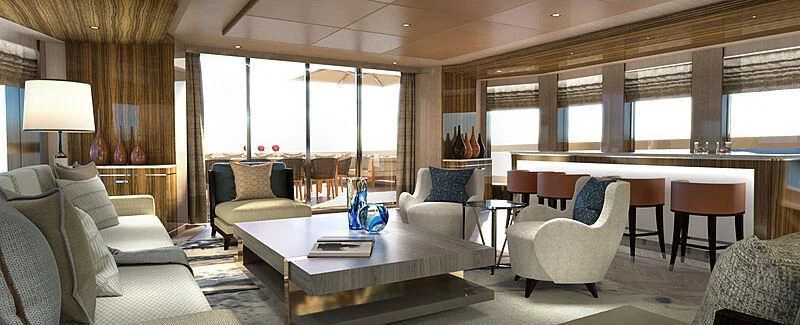 a living room with a table and chairs aboard JUNO Yacht for Sale