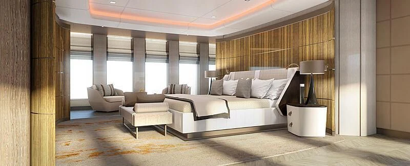 a large room with a bed and a couch aboard JUNO Yacht for Sale