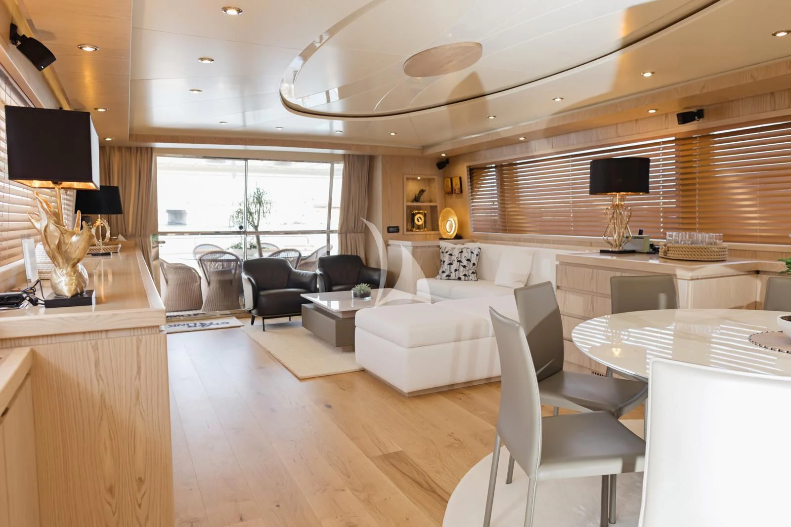 a living room with a large window aboard STAR LINK Yacht for Sale