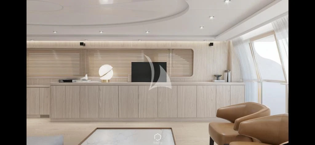 a room with a couch and a television aboard STAR LINK Yacht for Sale