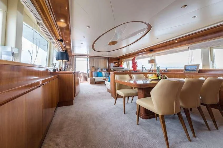 a large kitchen with a chandelier aboard STAR LINK Yacht for Sale