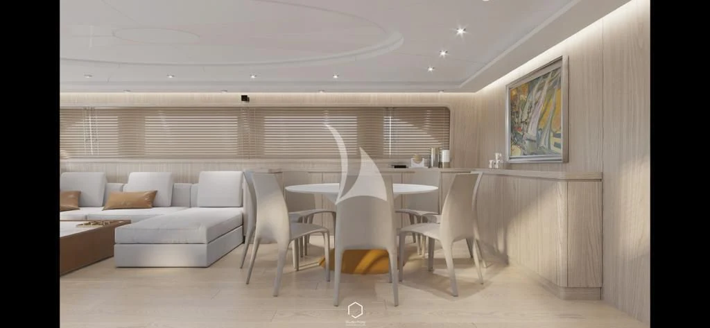 a room with a table and chairs aboard STAR LINK Yacht for Sale