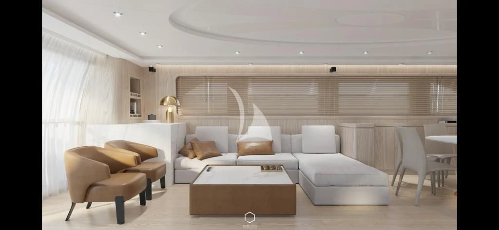 a living room with a large window aboard STAR LINK Yacht for Sale