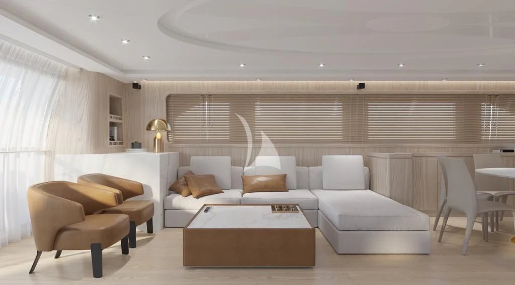 a living room with white furniture aboard STAR LINK Yacht for Sale