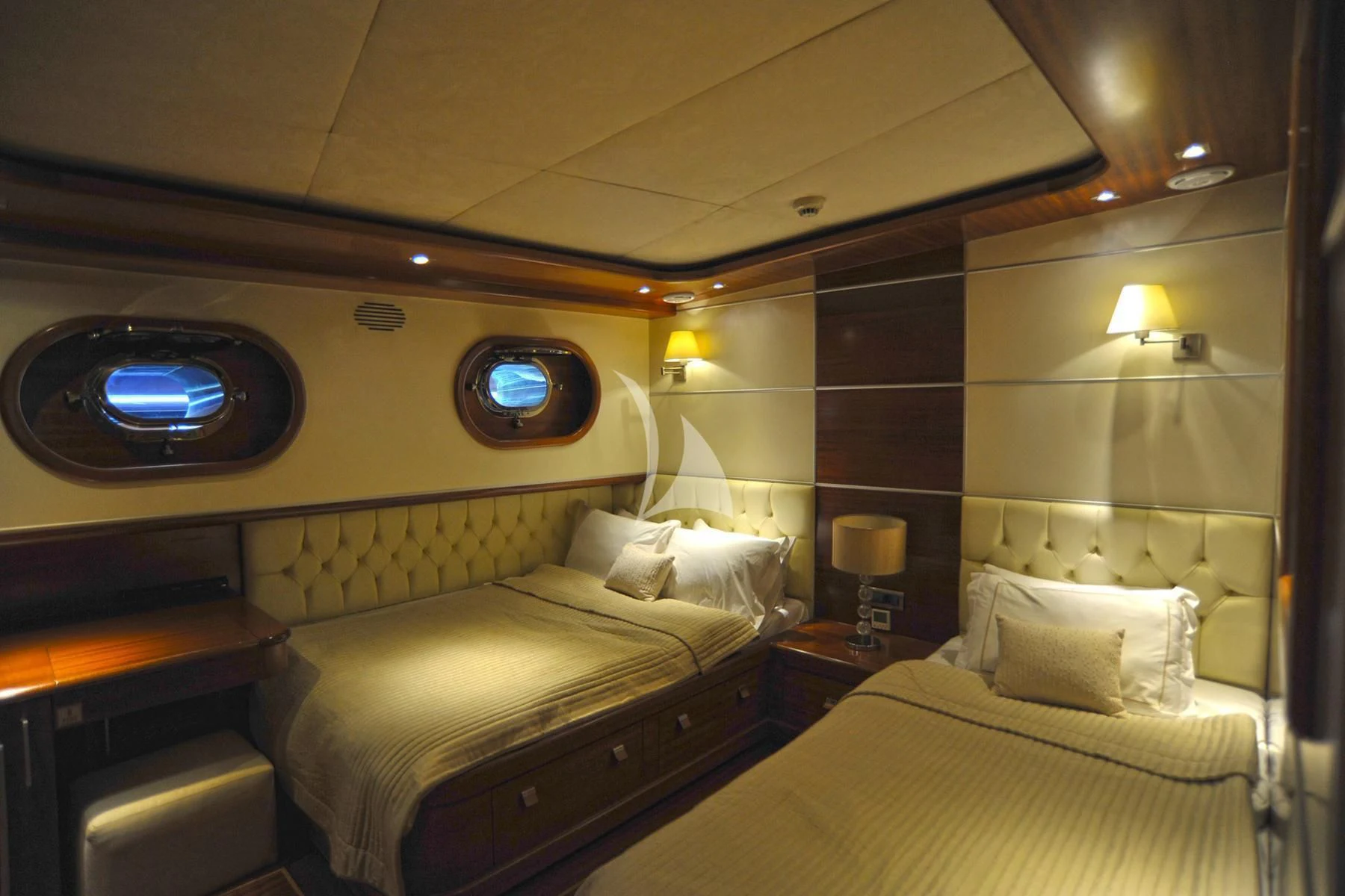 a room with two beds aboard LA BELLA VITA Yacht for Sale