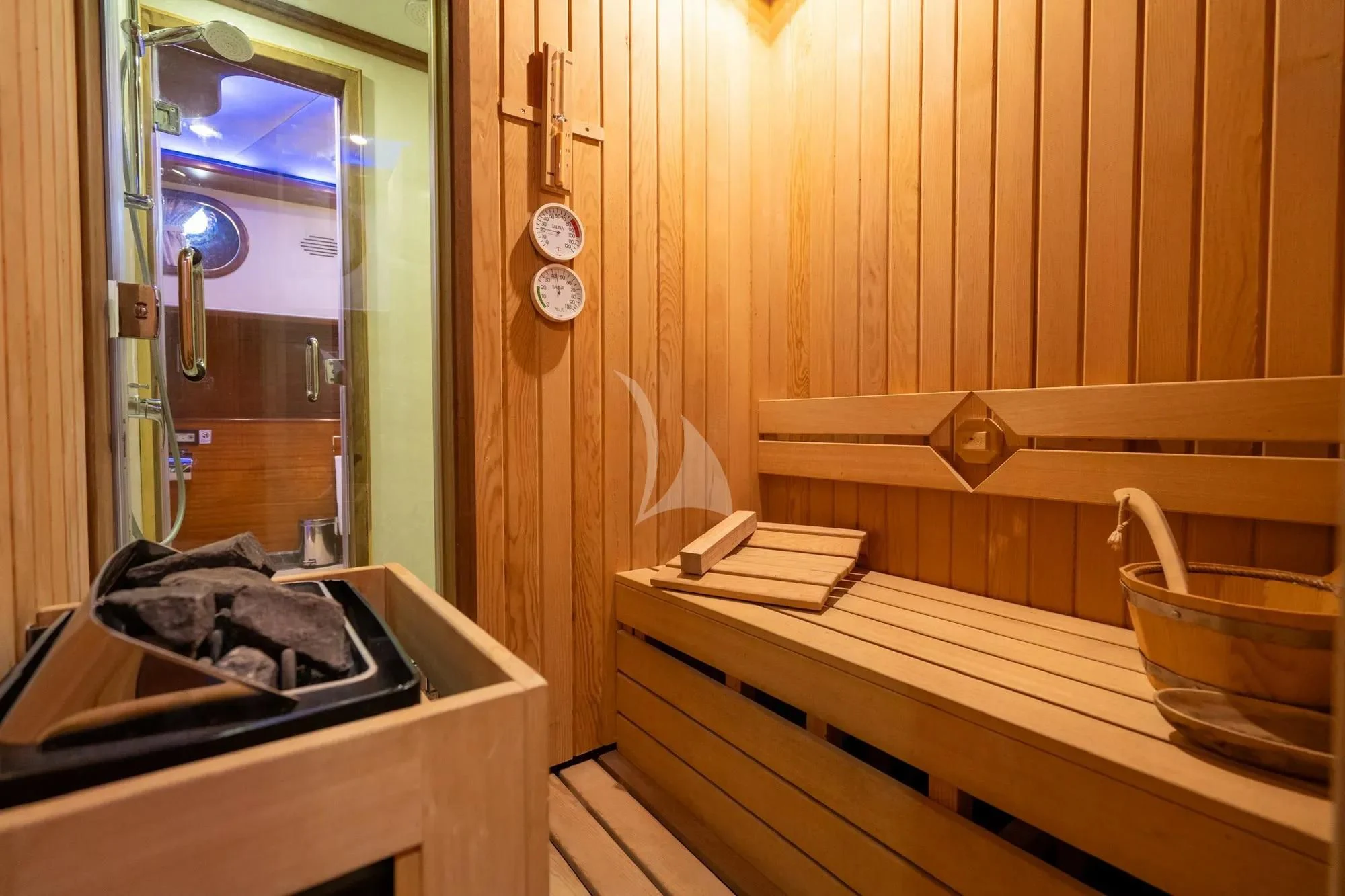 a bathroom with a sink and a mirror aboard LA BELLA VITA Yacht for Sale