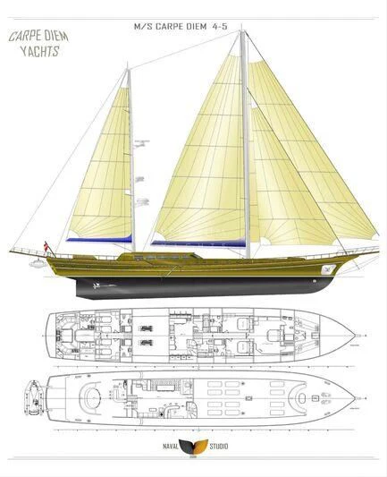 a drawing of a sailboat aboard LA BELLA VITA Yacht for Sale