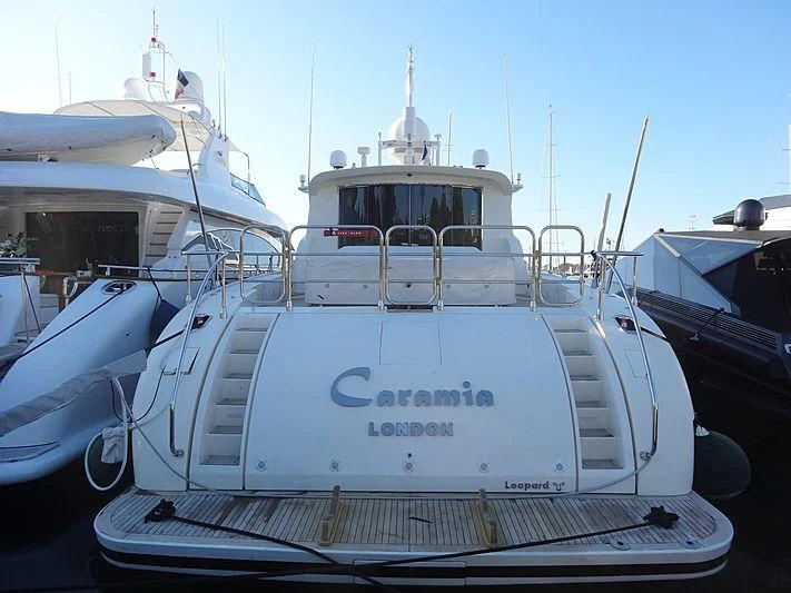 a white boat with blue lettering aboard PALOMA Yacht for Sale