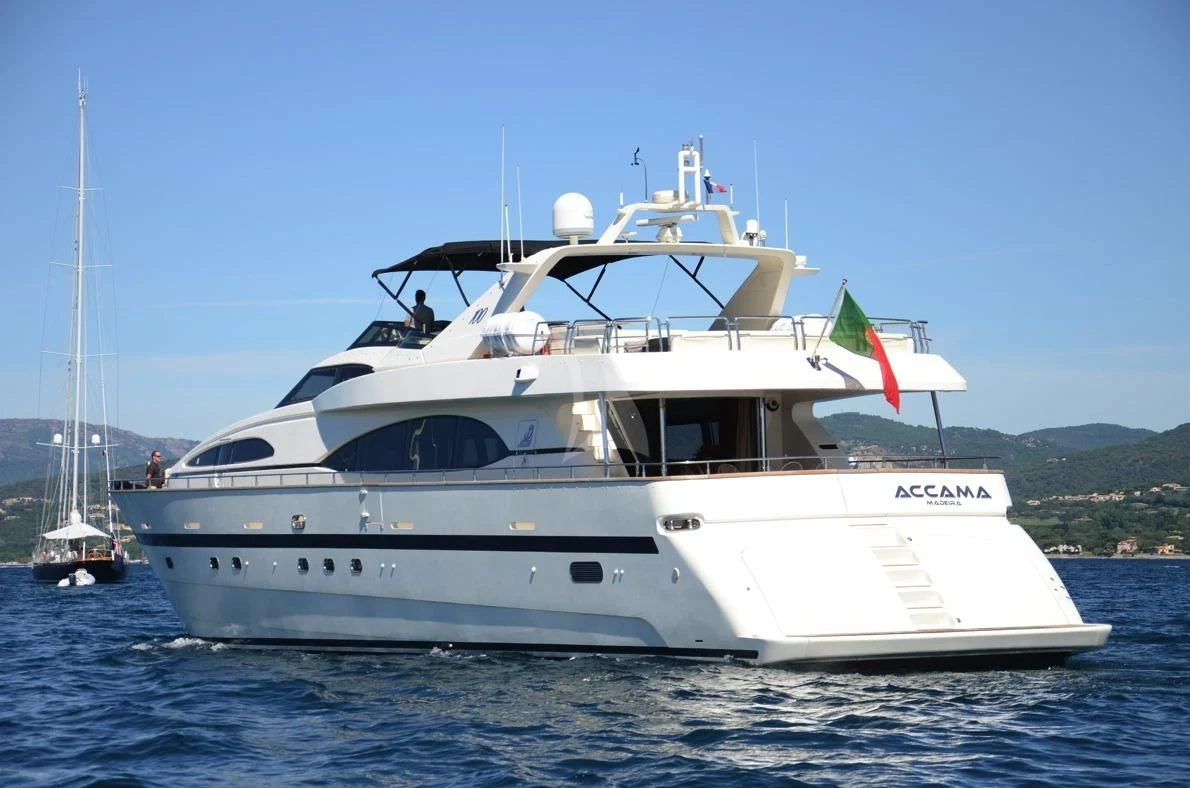a white boat with flags on the front aboard ACCAMA DELTA Yacht for Sale