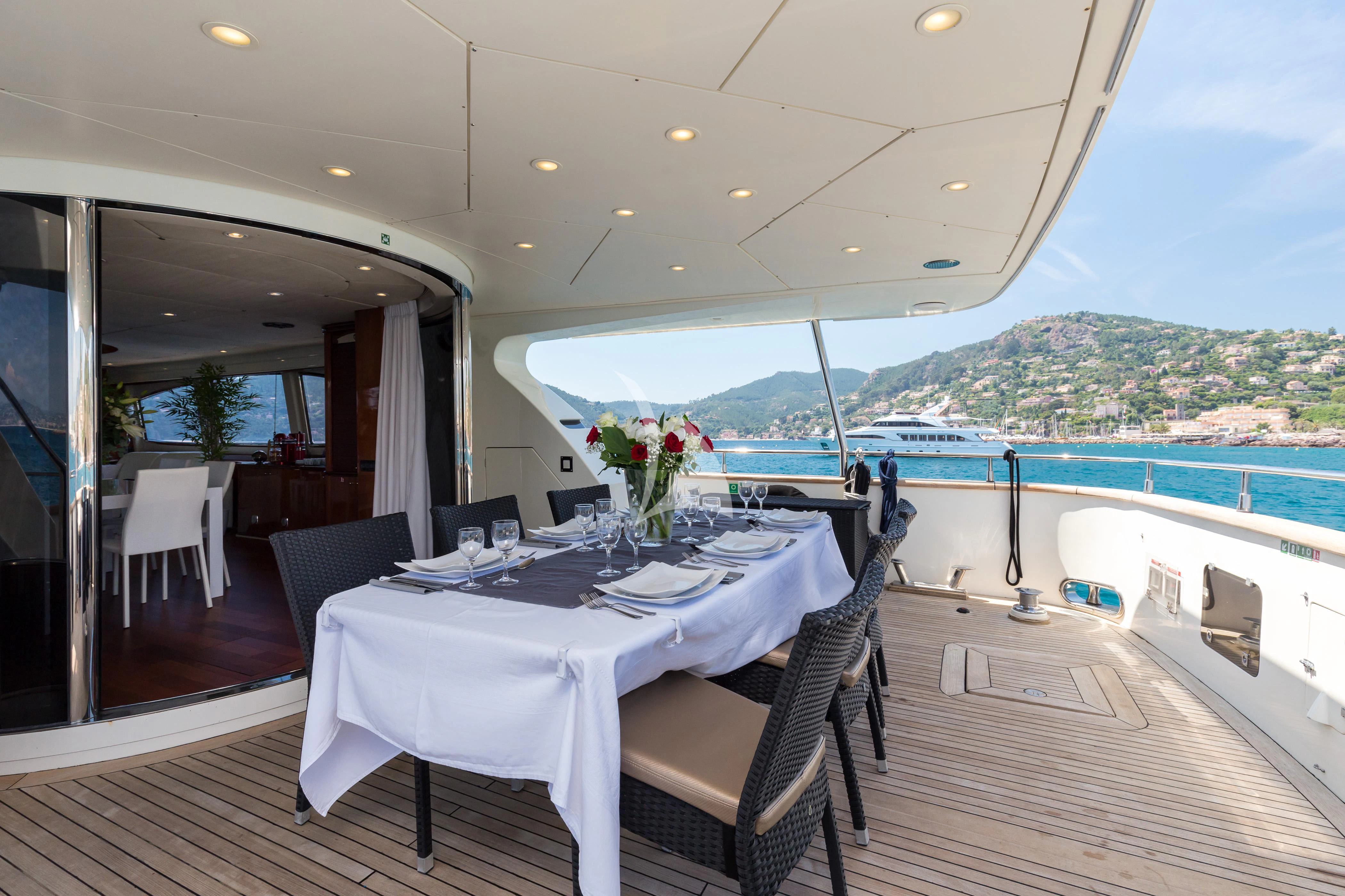 a table set for a meal on a deck overlooking the ocean aboard ACCAMA DELTA Yacht for Sale
