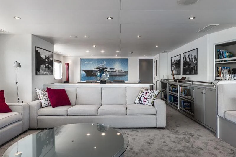 a living room with a white couch aboard OURWAY Yacht for Sale