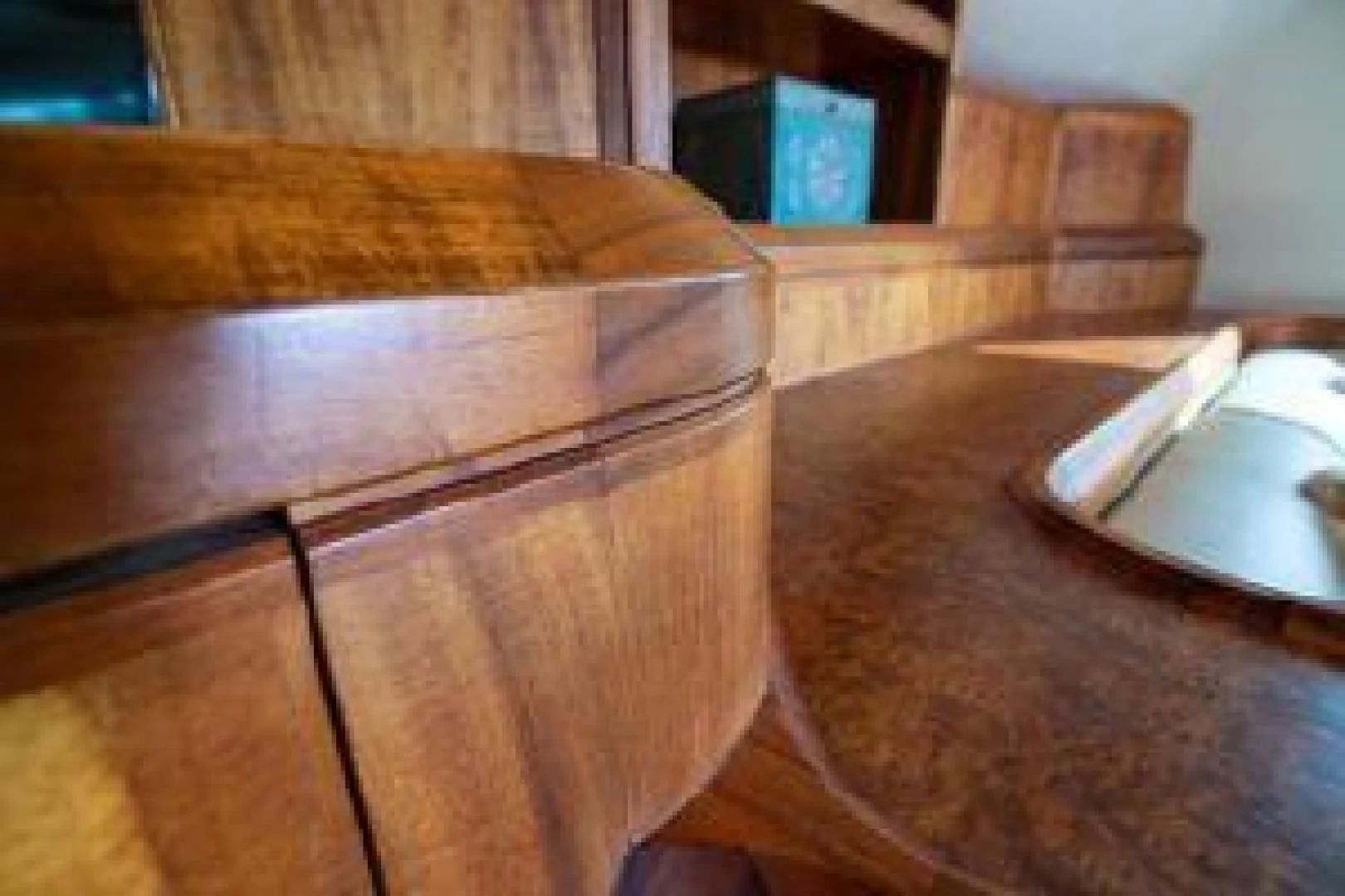 a wooden box on a table aboard CROUPIER Yacht for Sale
