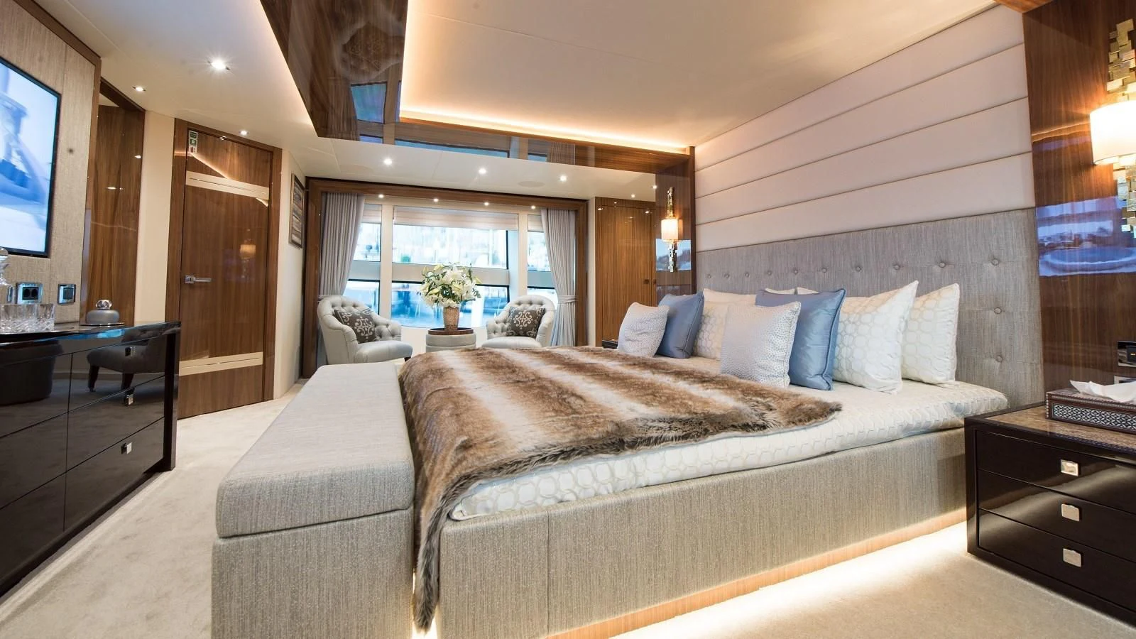 a large bed in a room aboard FANDANGO Yacht for Sale
