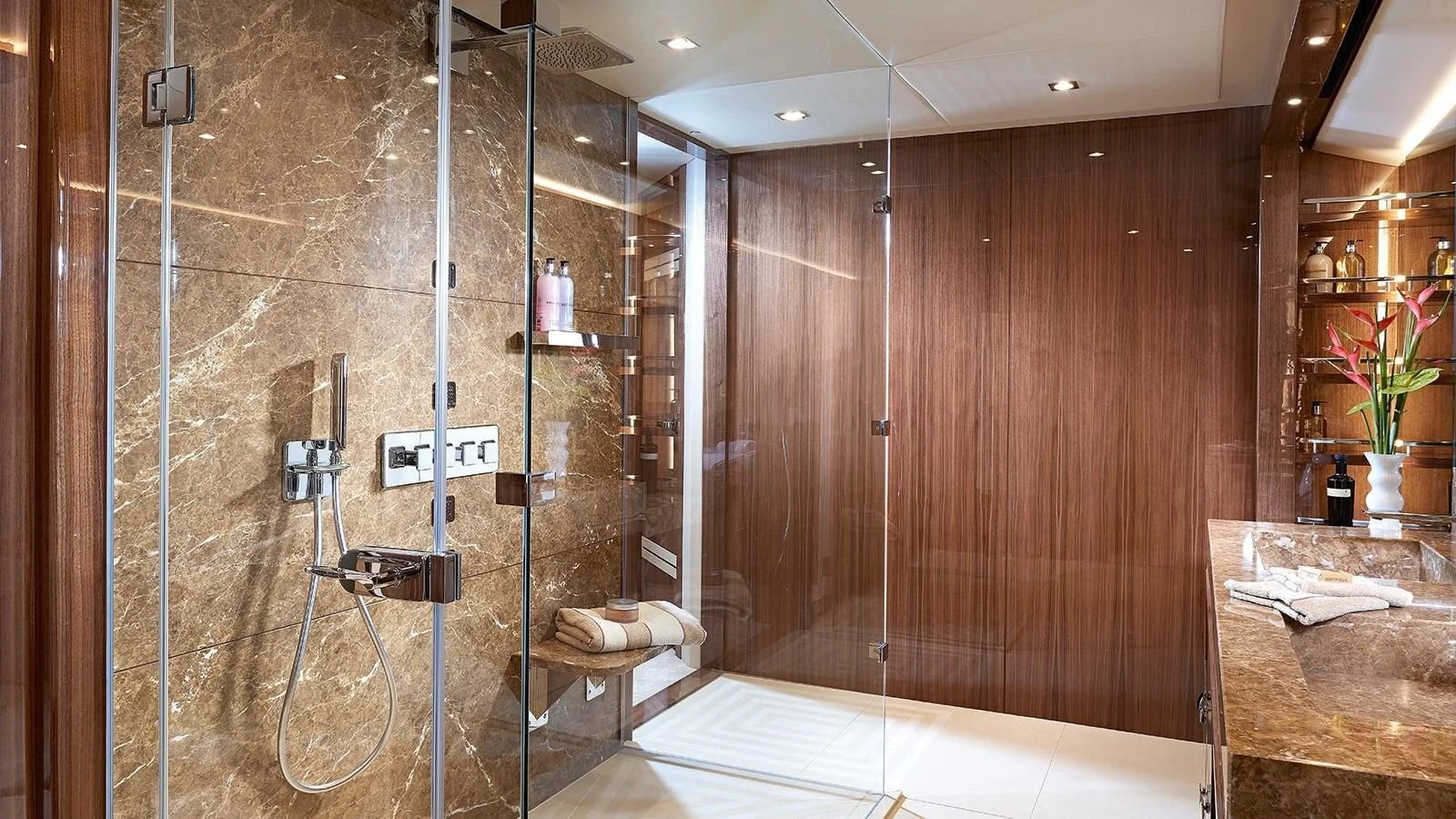 a bathroom with a shower aboard FANDANGO Yacht for Sale