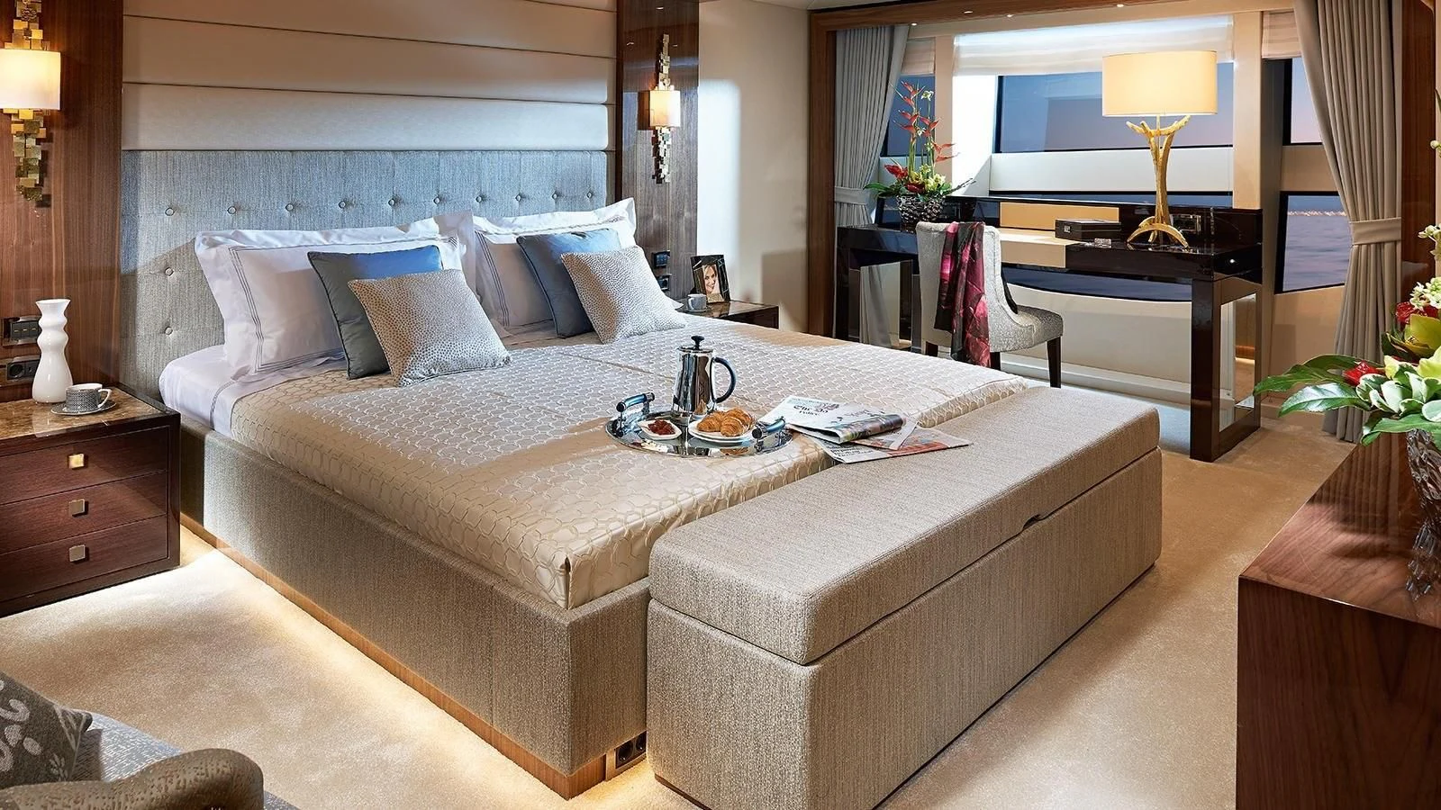 a bed with a white sheet aboard FANDANGO Yacht for Sale