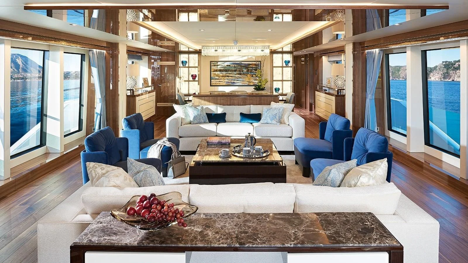 a living room with a large window aboard FANDANGO Yacht for Sale