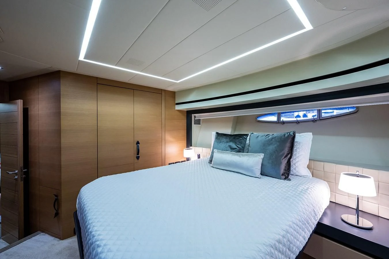 a bed in a room aboard CLAIMS TO FAME Yacht for Sale