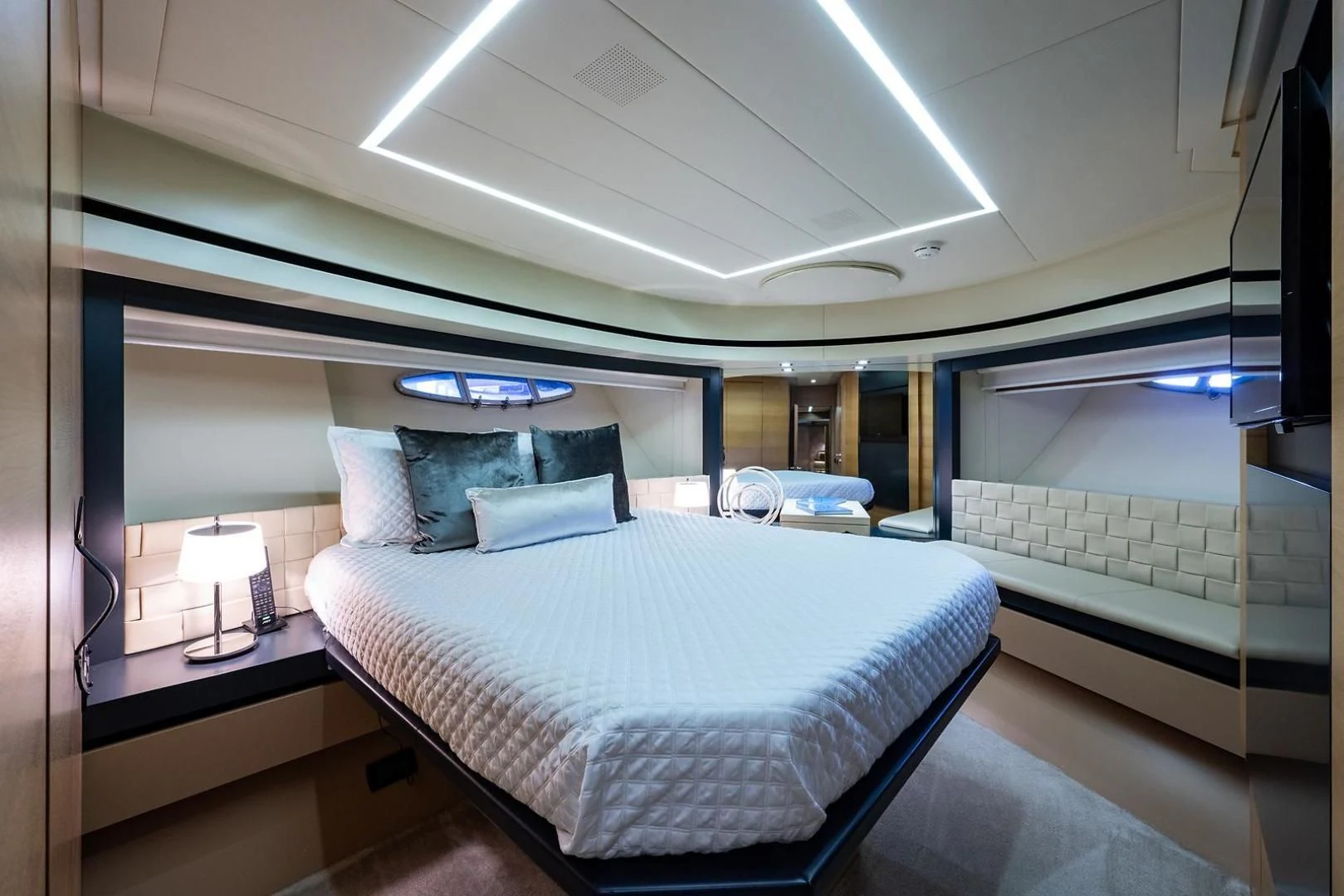 a bed in a room aboard CLAIMS TO FAME Yacht for Sale