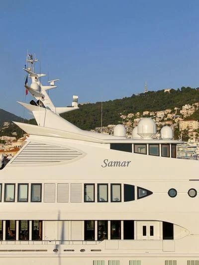 a white building with a satellite dish on top of it aboard SAMAR Yacht for Sale