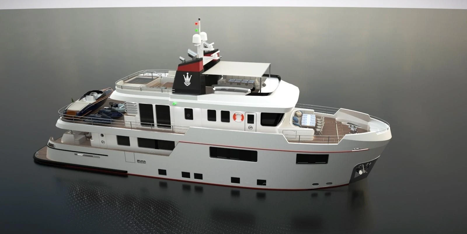 a white boat with a red stripe aboard OCEAN KING AMERICANA Yacht for Sale