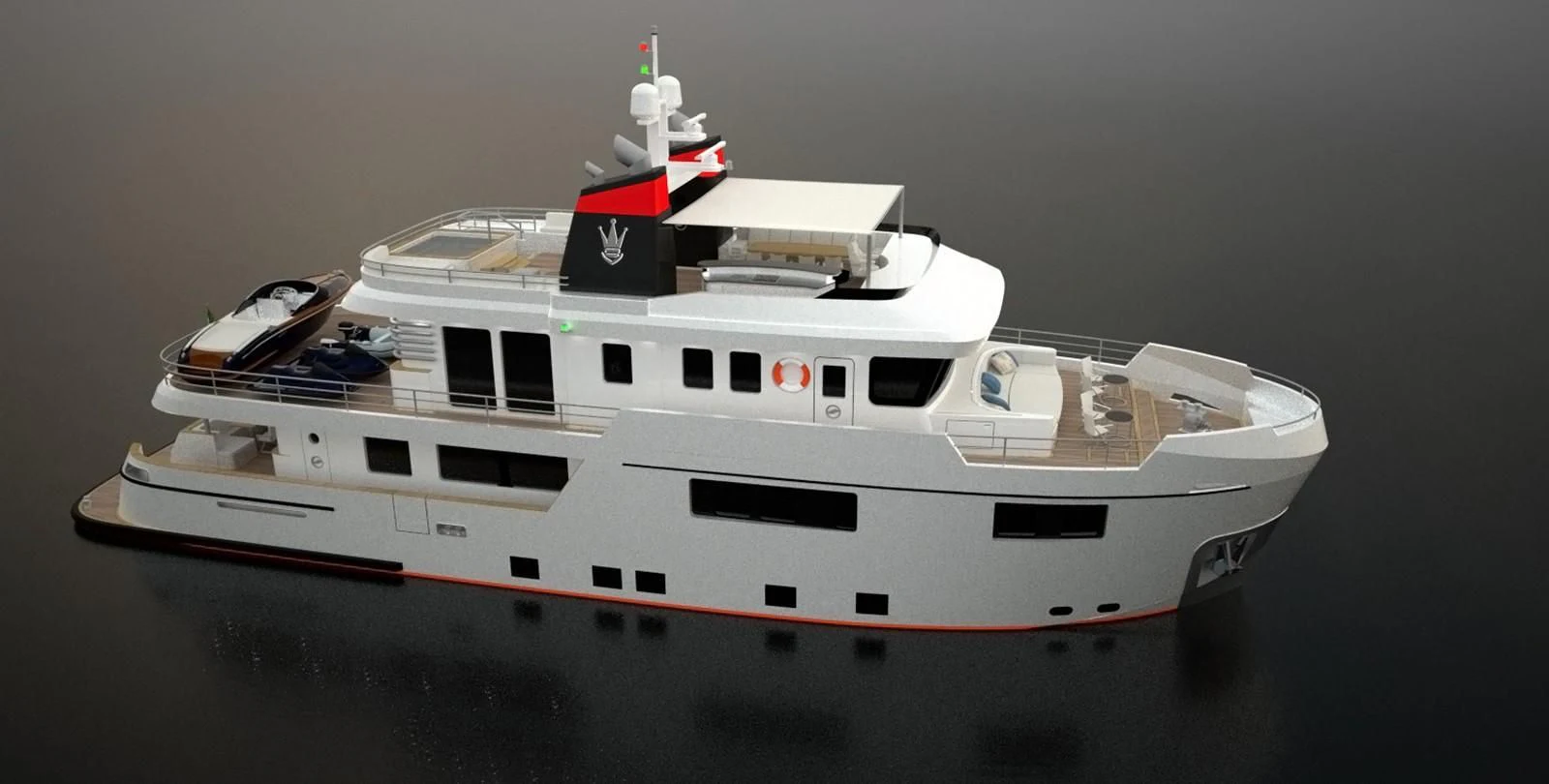 a white yacht with red stripe aboard OCEAN KING AMERICANA Yacht for Sale