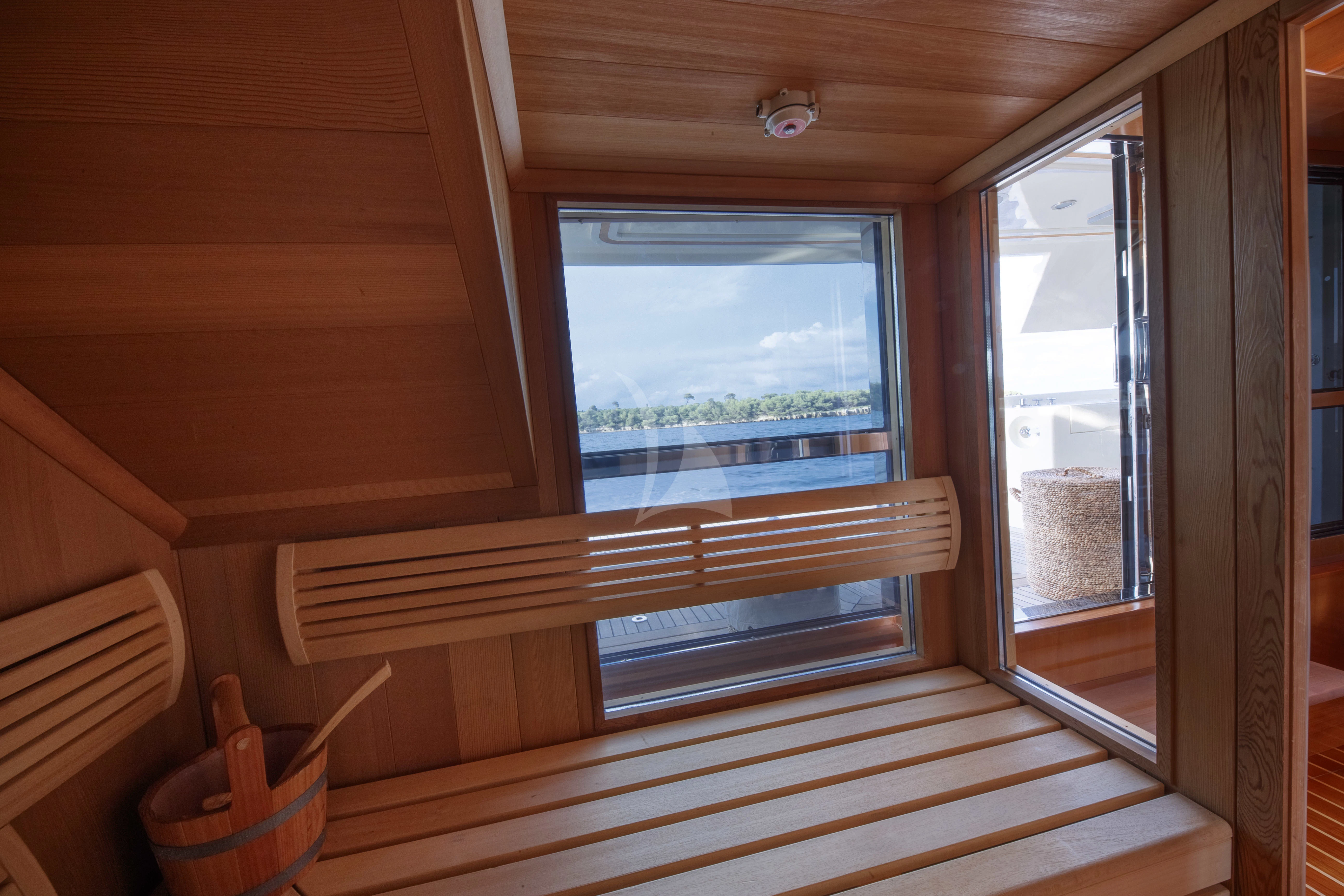 a room with a window and a wood frame aboard O'LION Yacht for Sale