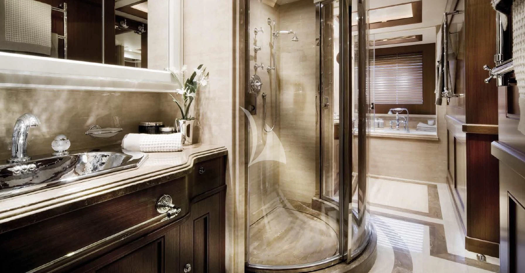 a bathroom with a shower unit and sink aboard O'LION Yacht for Sale