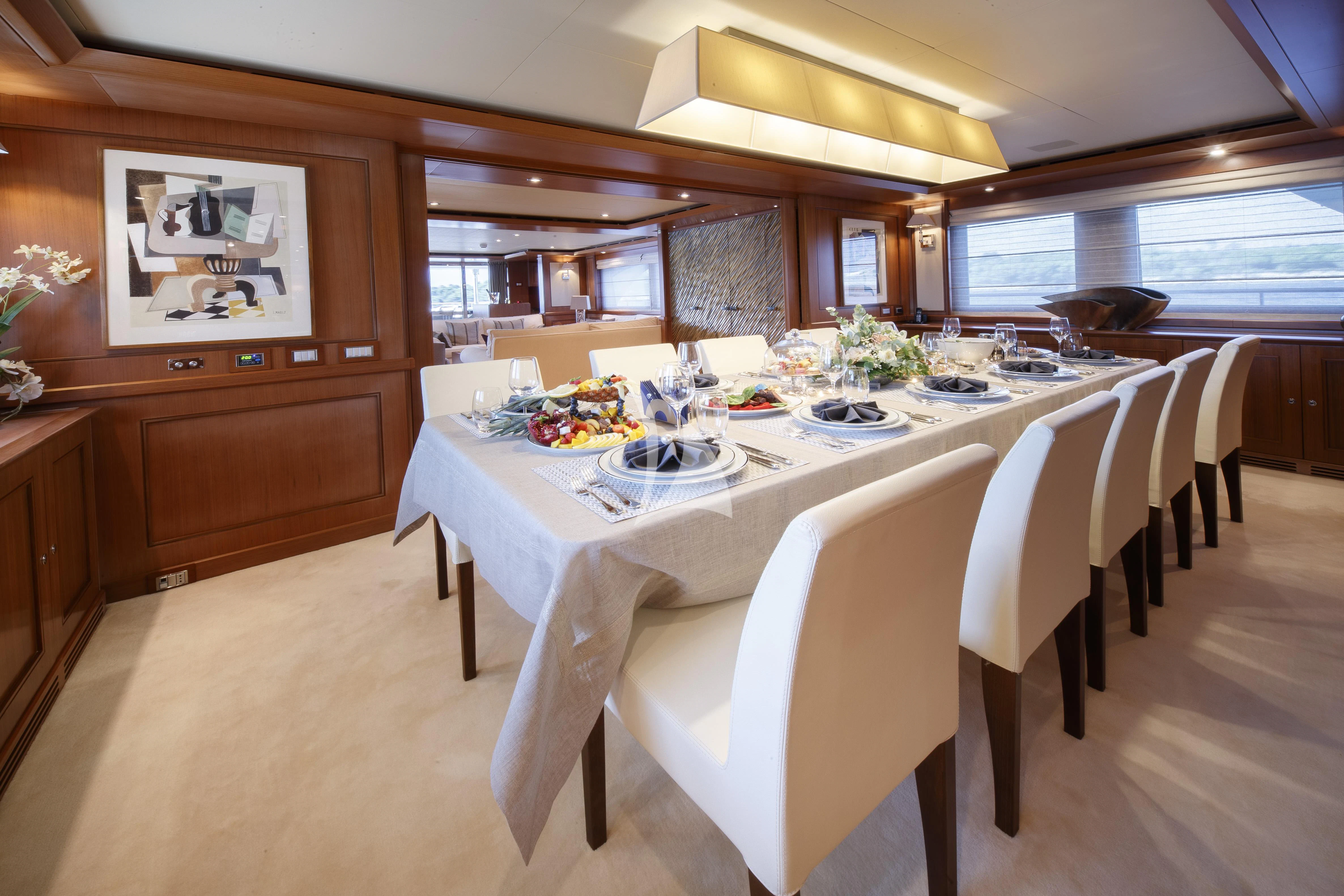 a dining table with plates and food aboard O'LION Yacht for Sale