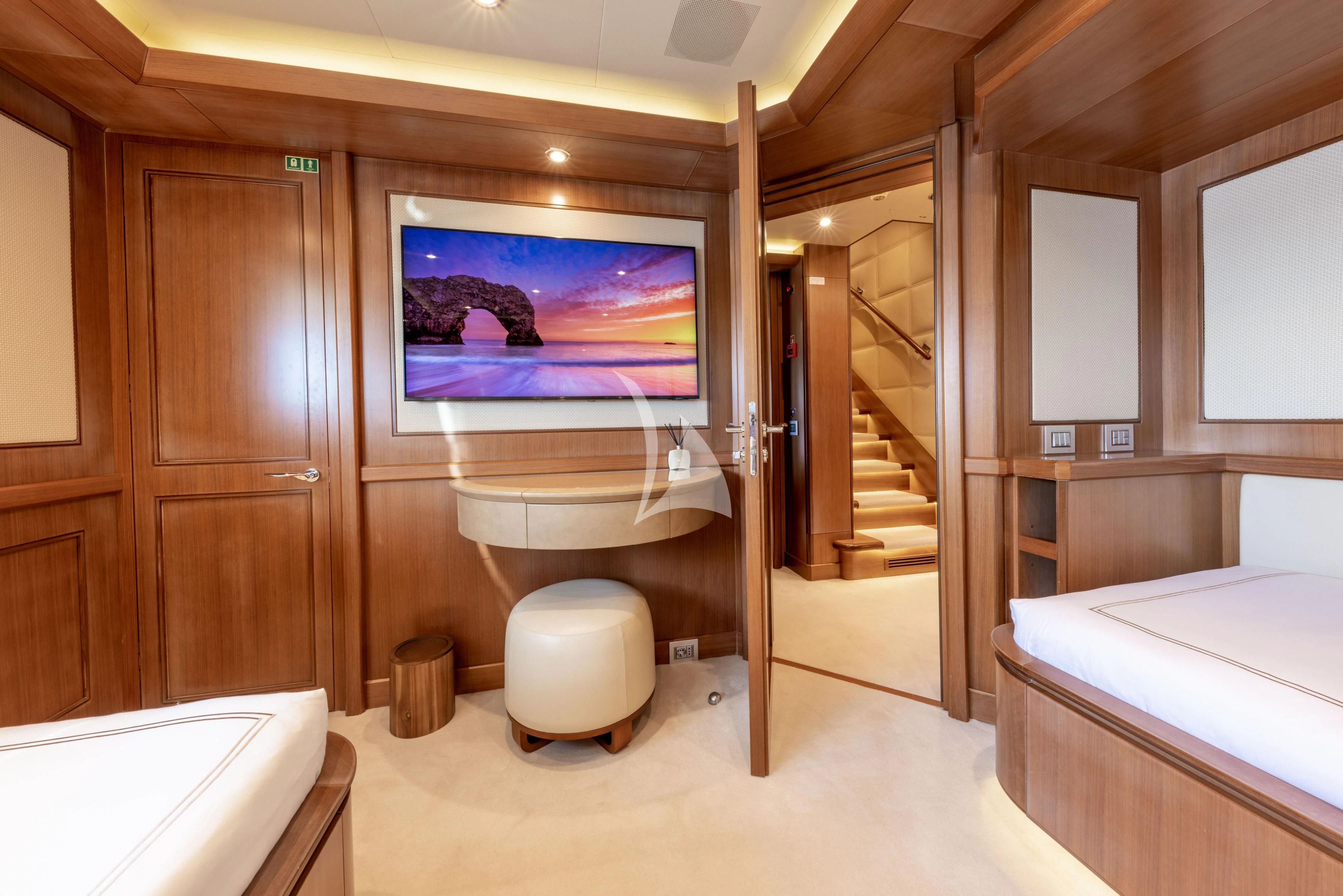a bathroom with a large mirror aboard O'LION Yacht for Sale