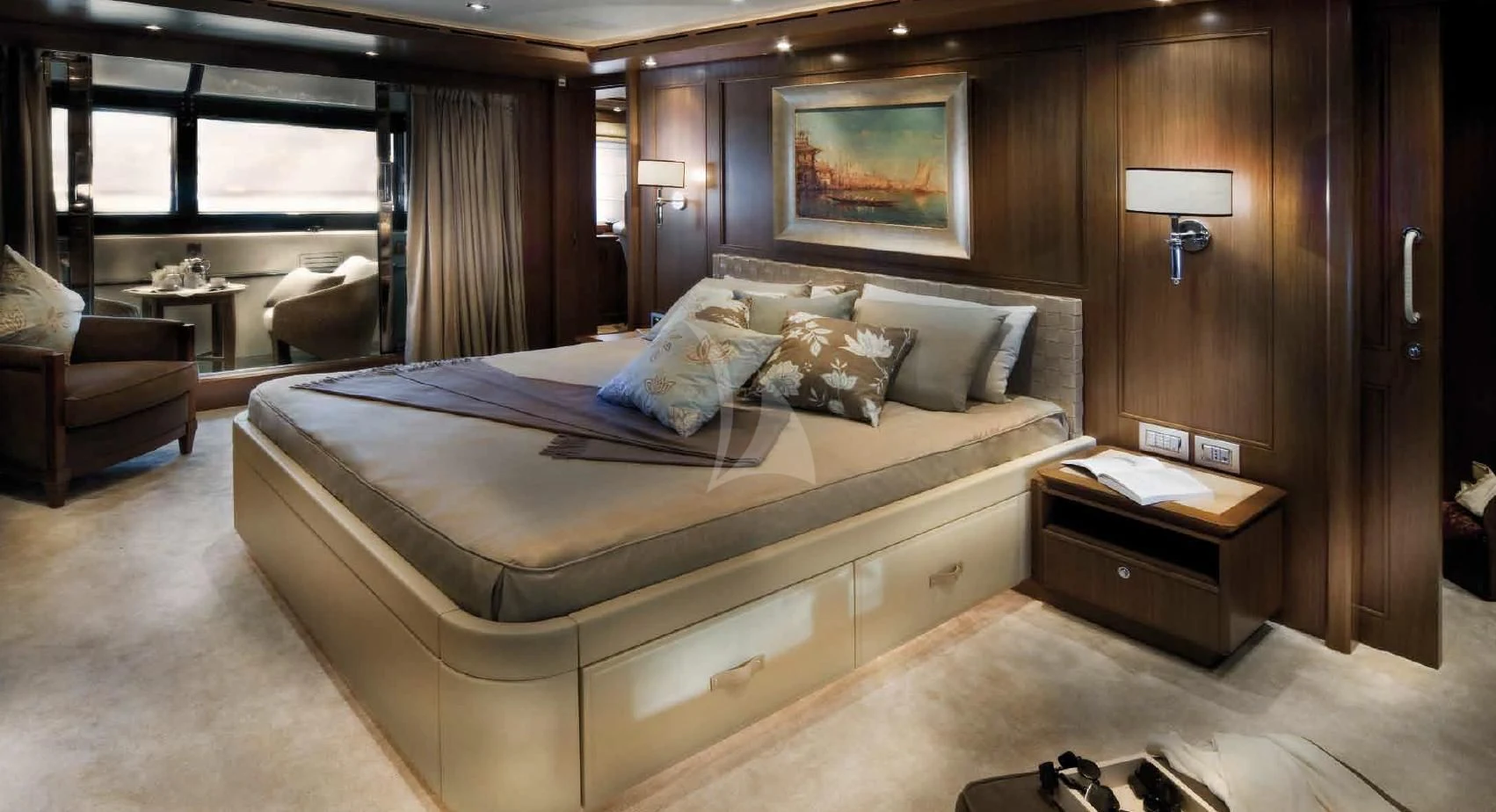 a bed in a room aboard O'LION Yacht for Sale