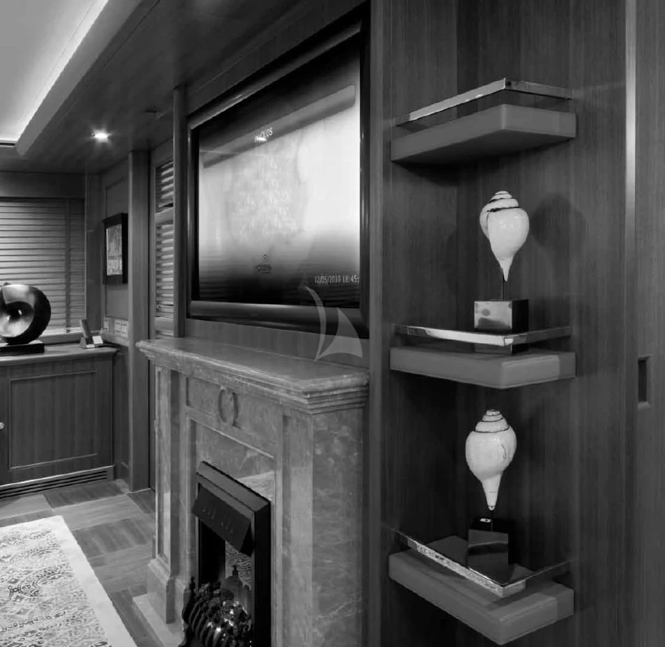 a room with a mirror and a shelf with objects on it aboard O'LION Yacht for Sale