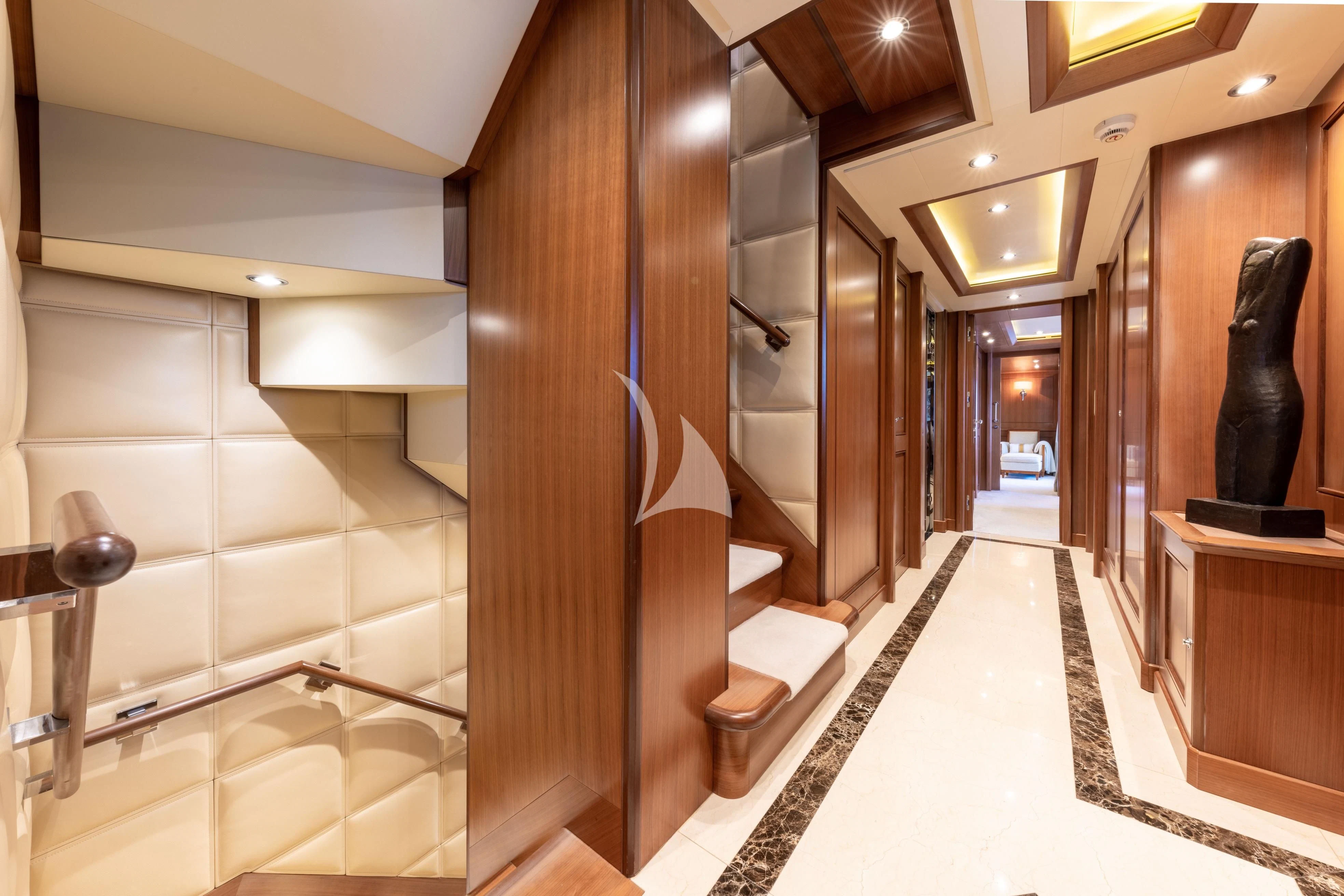 a large bathroom with a large mirror aboard O'LION Yacht for Sale