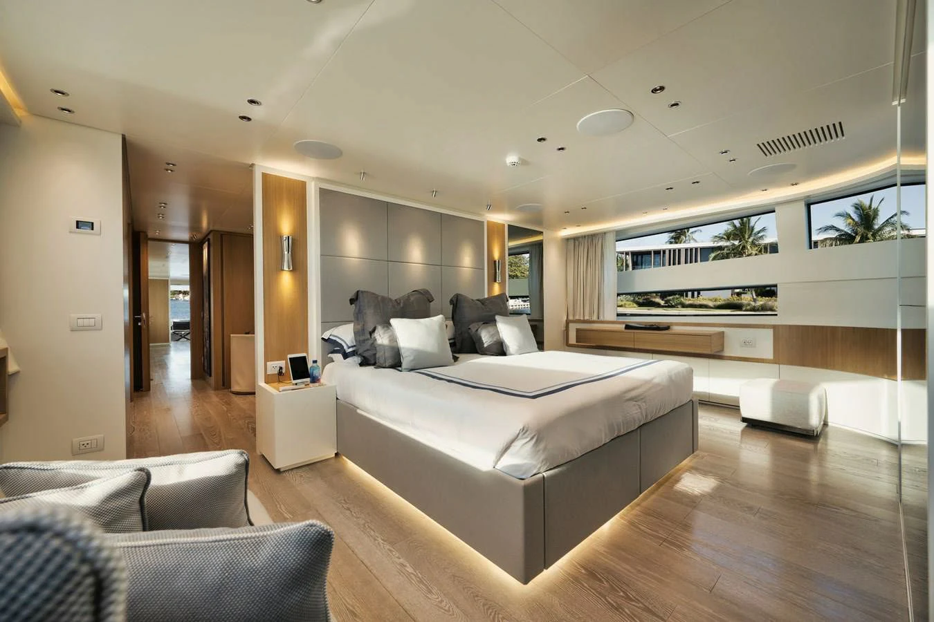 a large bedroom with a large bed aboard DON'T TELL MOM Yacht for Sale