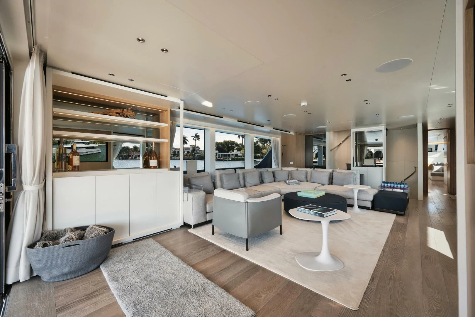 a living room with a large window aboard DON'T TELL MOM Yacht for Sale