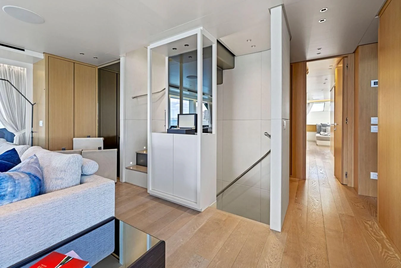 a room with a bed and a door aboard DON'T TELL MOM Yacht for Sale