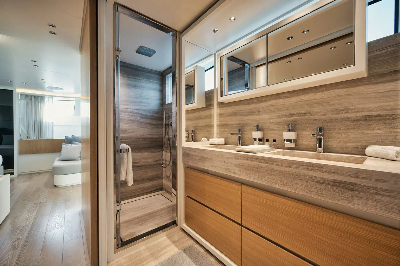 a bathroom with a large glass shower aboard DON'T TELL MOM Yacht for Sale