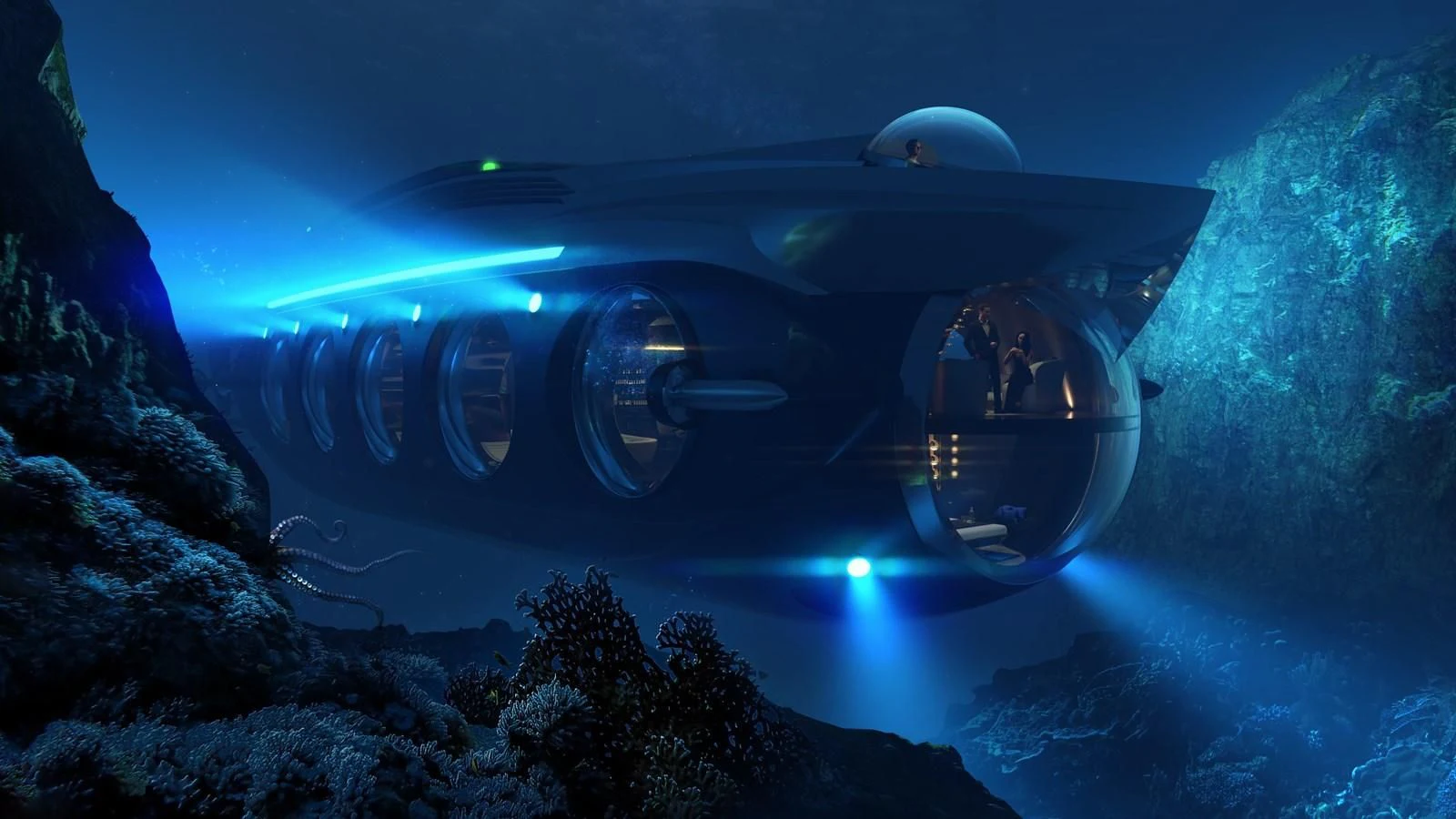 a person in a black suit in a dark space with lights aboard NAUTILUS Yacht for Sale
