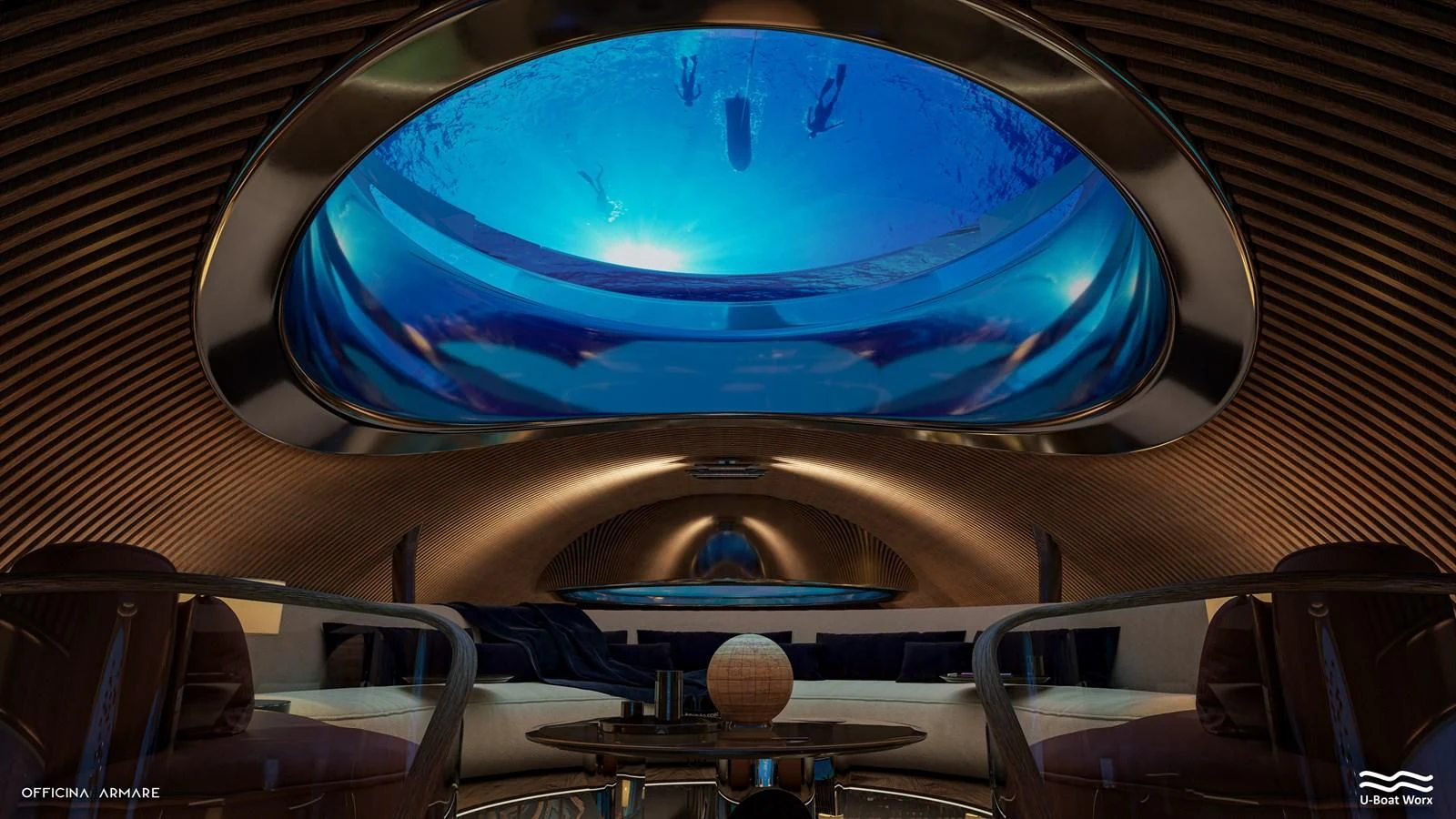 a round blue object on a wooden surface aboard NAUTILUS Yacht for Sale