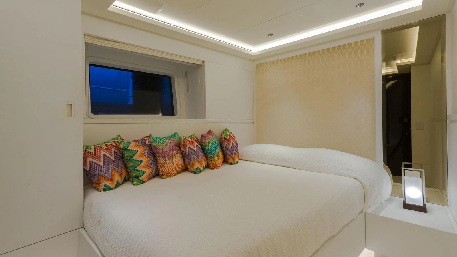 a bed with pillows aboard GALA Yacht for Sale