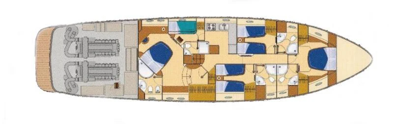 a brown and white object with blue and white designs aboard 4F Yacht for Sale