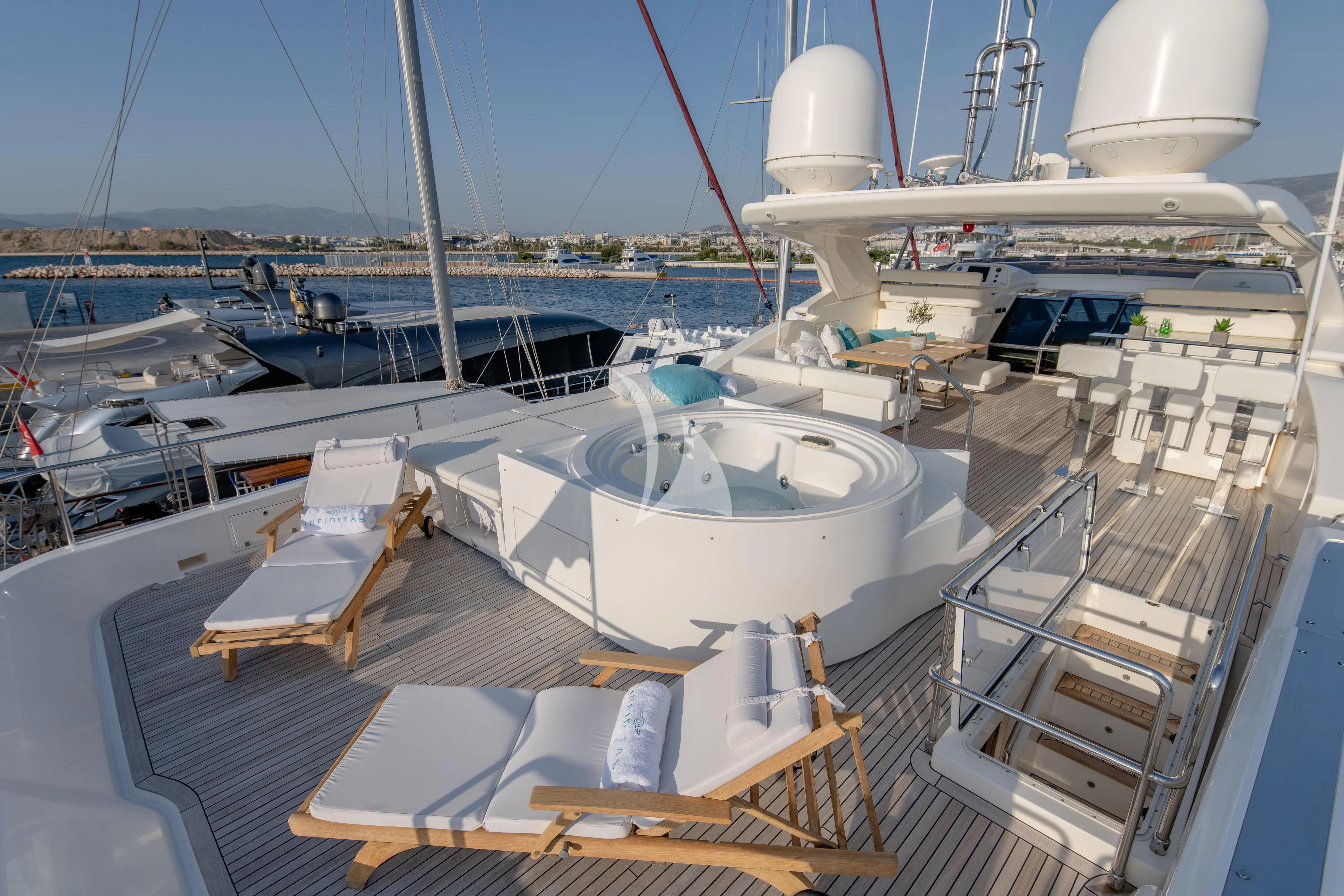a boat docked at a pier aboard INFINITAS Yacht for Charter