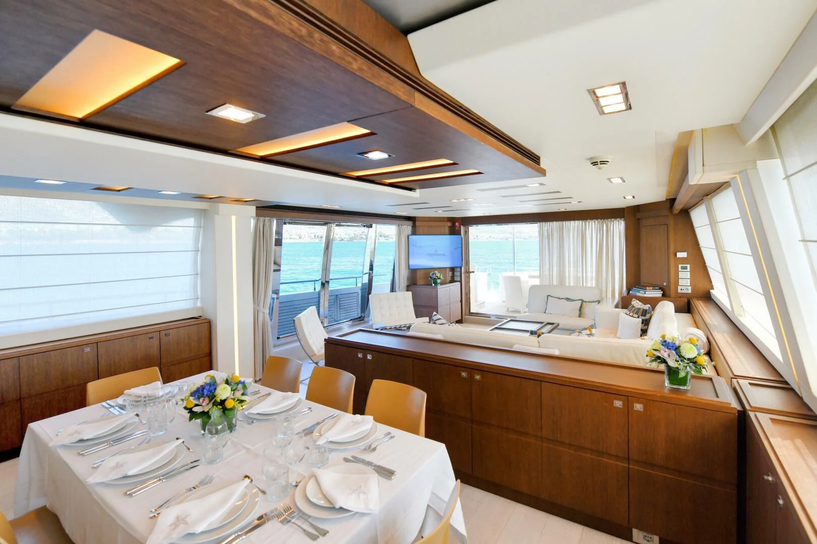 a large kitchen with a large island aboard INFINITAS Yacht for Charter