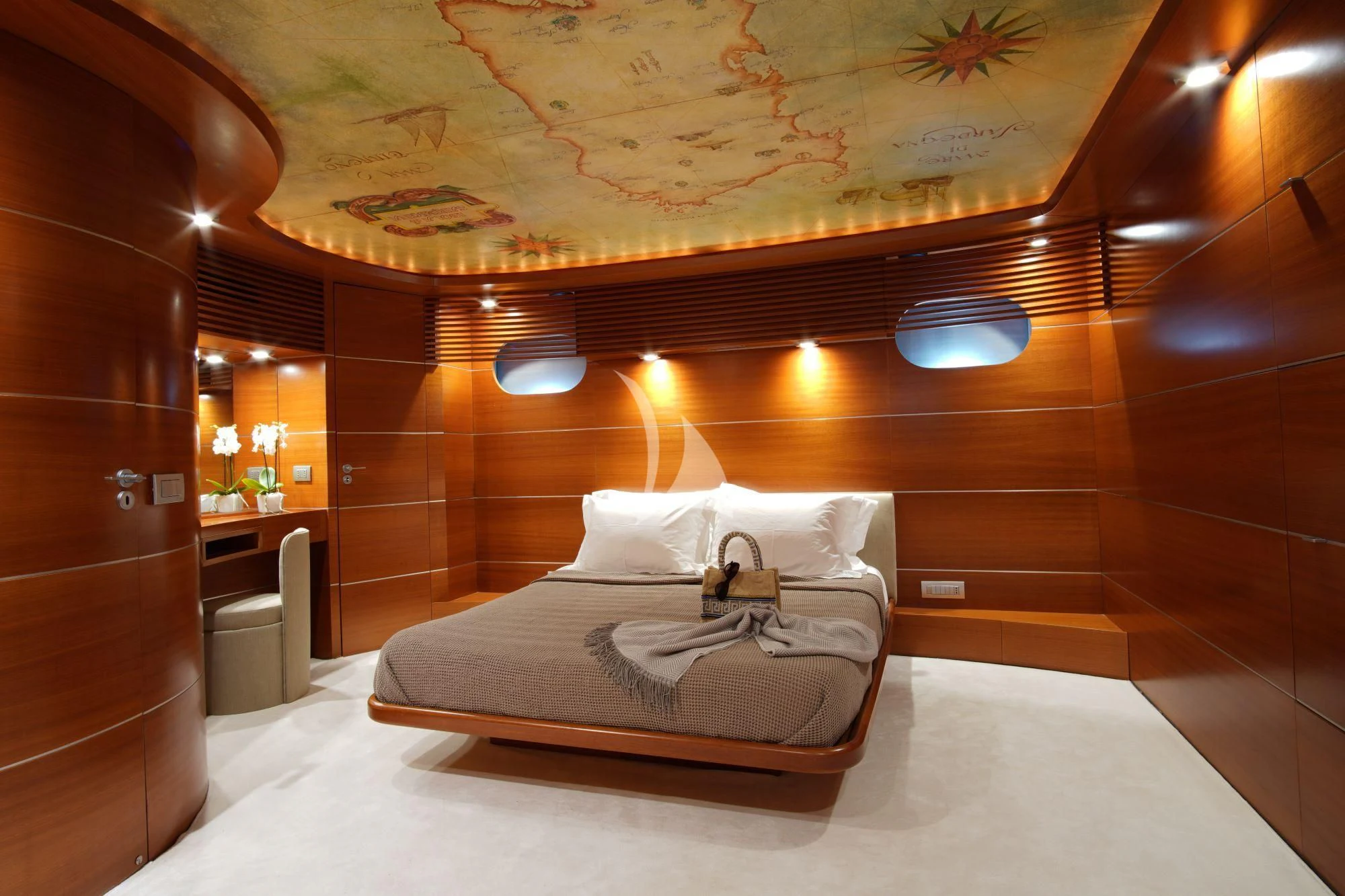 a bed in a room aboard SATORI Yacht for Sale