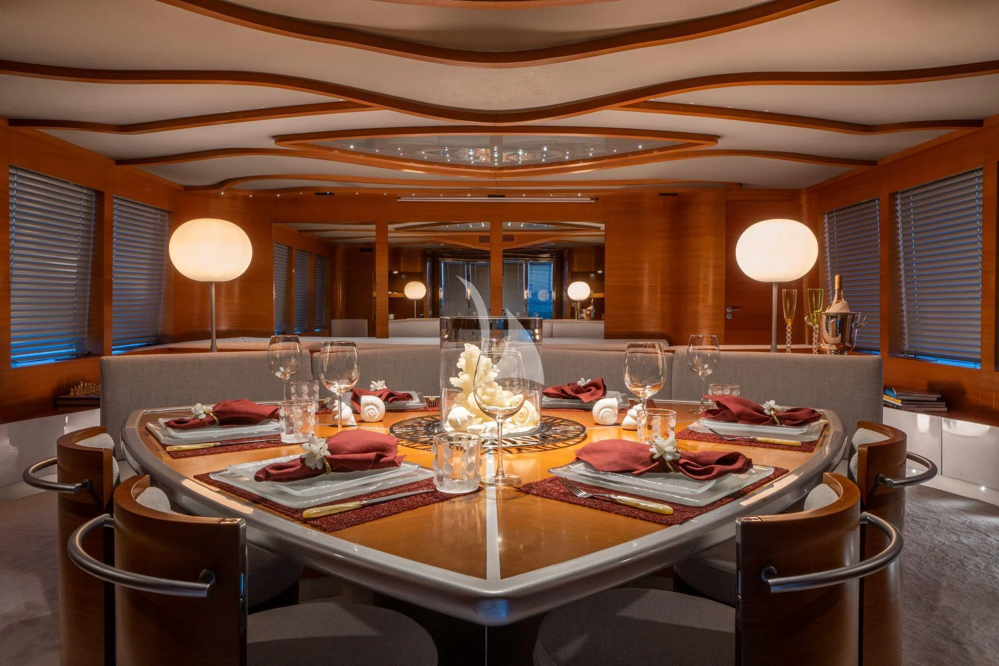 a large dining table with food on it aboard SATORI Yacht for Sale